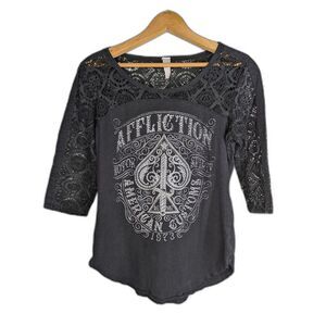 Vintage Y2K Affliction Shirt Size Wms M Lace Sleeve Black Silver Rhinestone